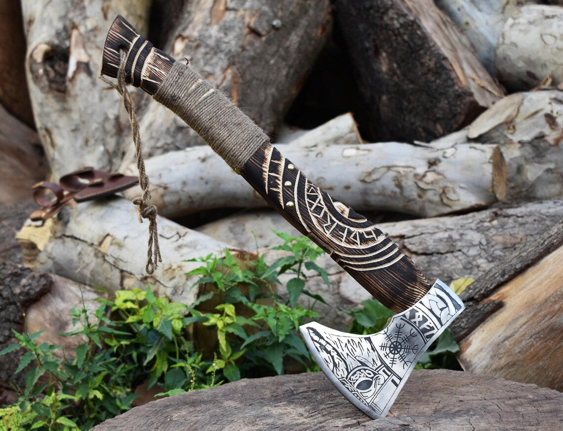 Forged Steel VIKING AXE with Engraved Wood Handle Rope Wrap