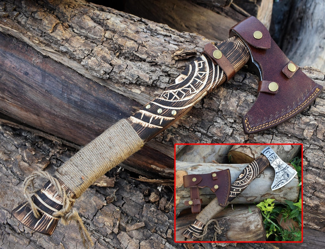 Forged Steel VIKING AXE with Engraved Wood Handle Rope Wrap