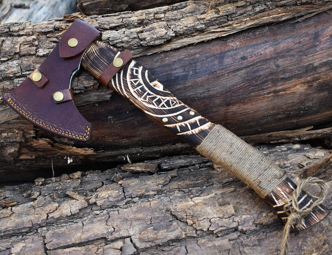 Forged Steel VIKING AXE with Engraved Wood Handle Rope Wrap